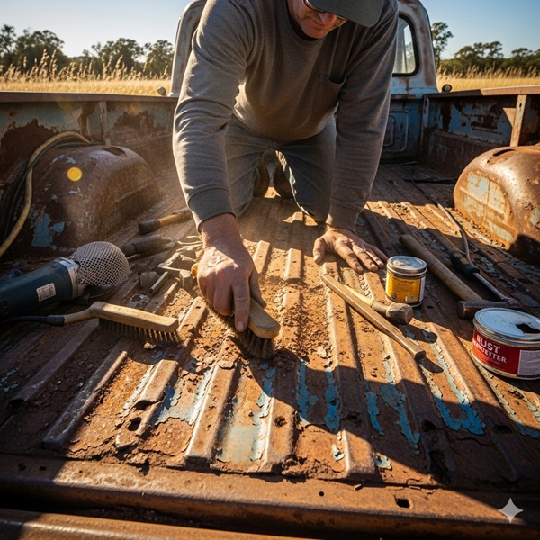 remove rust and chipped paint from a truck bed liner